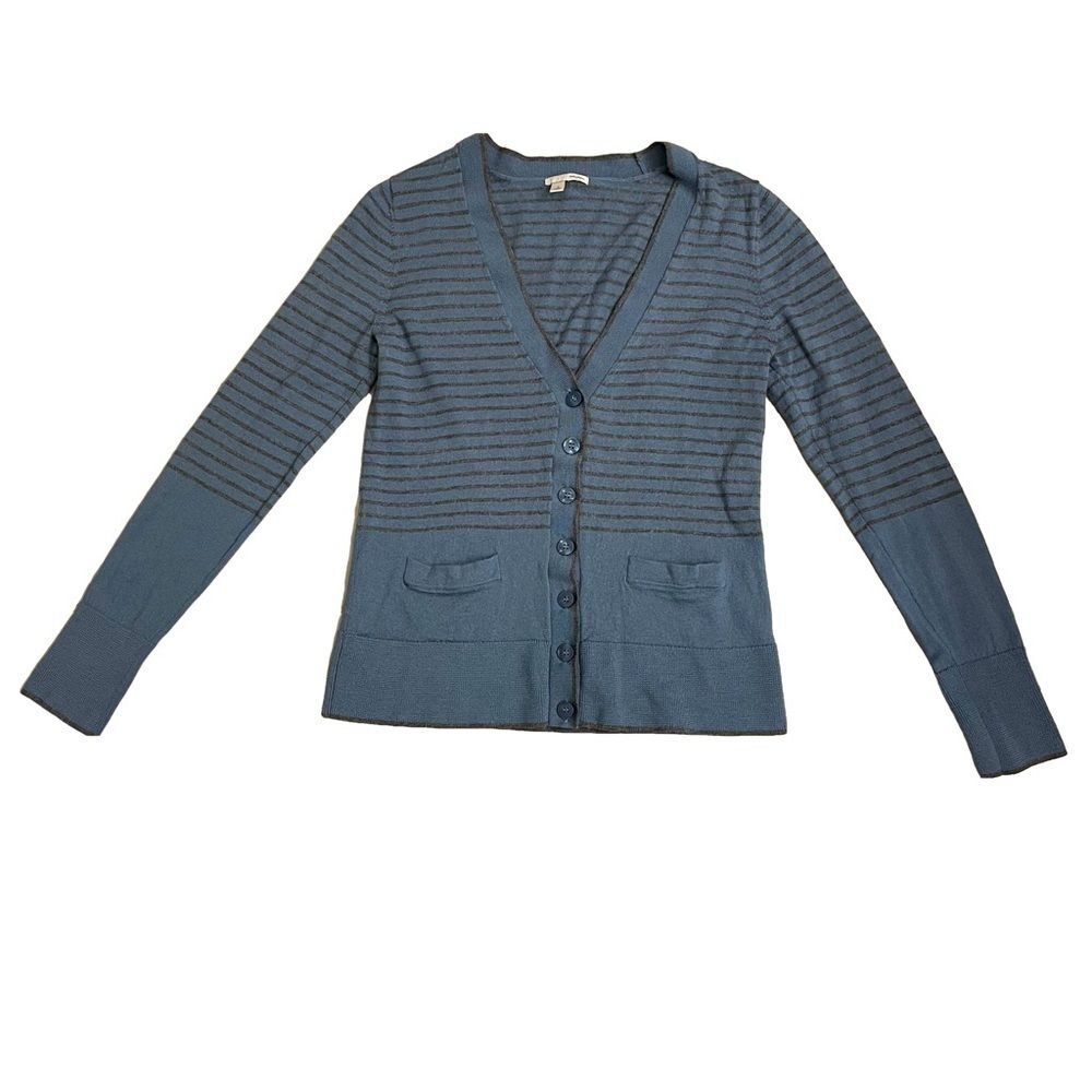Halogen Cardigan Sweater V-Neck Merino Wool Blue Gray Stripes Women’s Size M - Picture 3 of 11